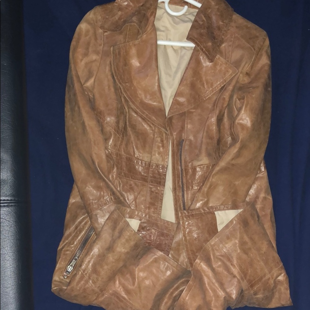 Women’s longline camel leather coat